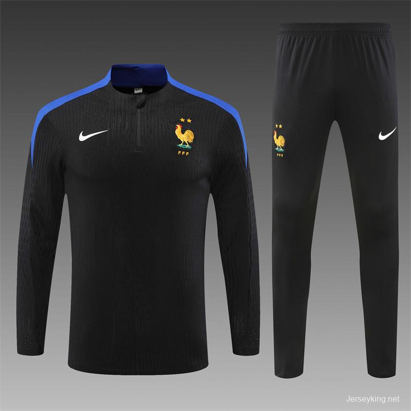 Player Version 2024 France Black Half Zipper Jacket+Long Pants