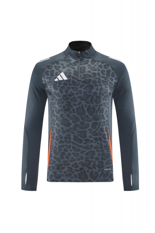 2025 Adidas Dark Grey & Black with Leopard Print Pattern and Orange Accents Half Zipper Jacket +Long Pants