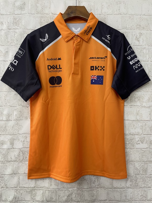 2026 F1 McLaren Racing Papaya Orange with Navy Blue Raglan Sleeves Polo Jersey