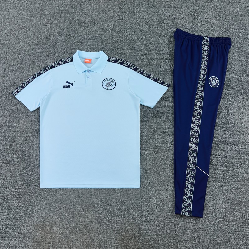 26/27 Manchester City Light Blue Polo Training Shirt + Long Pants Tracksuit