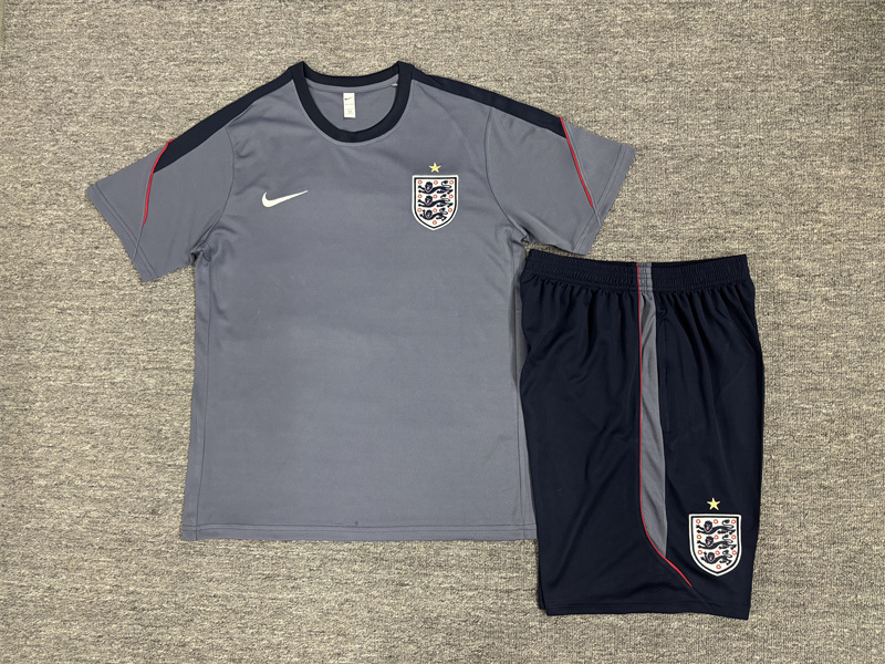 2026 Kids  England Grey Short Sleeve+ Navy Blue Soccer Shorts