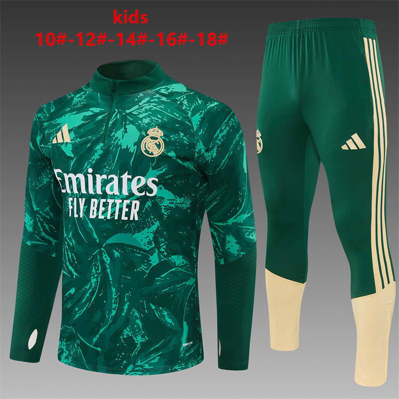 2026 Kids Real Madrid Dark Green Camouflage  Half Zipper Jacket Tracksuit + Long Pants (Adidas)