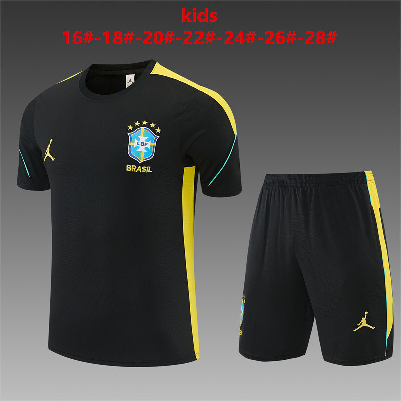 2026  Kids Brazil Black & Yellow Short Sleeve+Soccer Shorts