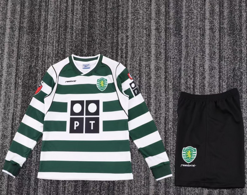 Retro Kids 01/03 Sporting CP White Green Home Long Sleeve Jersey