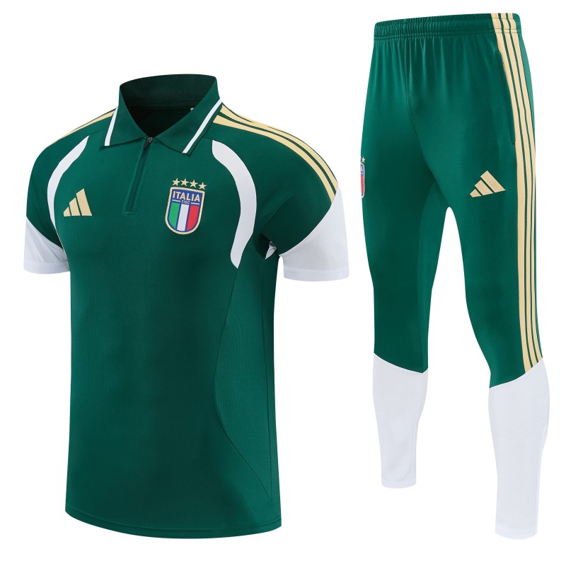 2026 Italy Green & White Half-Zip Polo Short Sleeve Tracksuit + Long Pants