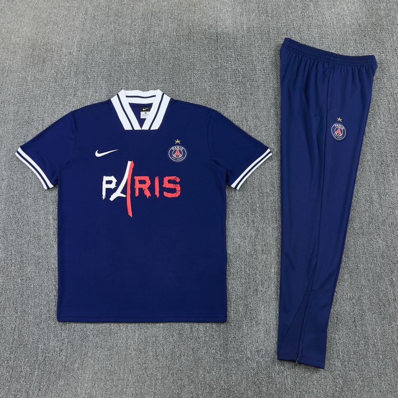 26/27 Paris Saint-Germain Navy Blue with "PARIS" Eiffel Tower Short Sleeve Tracksuit + Long Pants