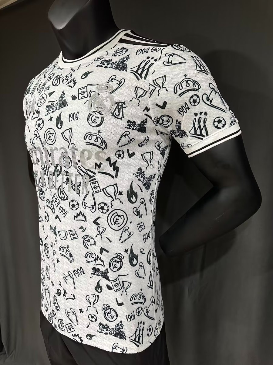 Player Version 25/26 Real Madrid White with Football Icons Pattern Jersey