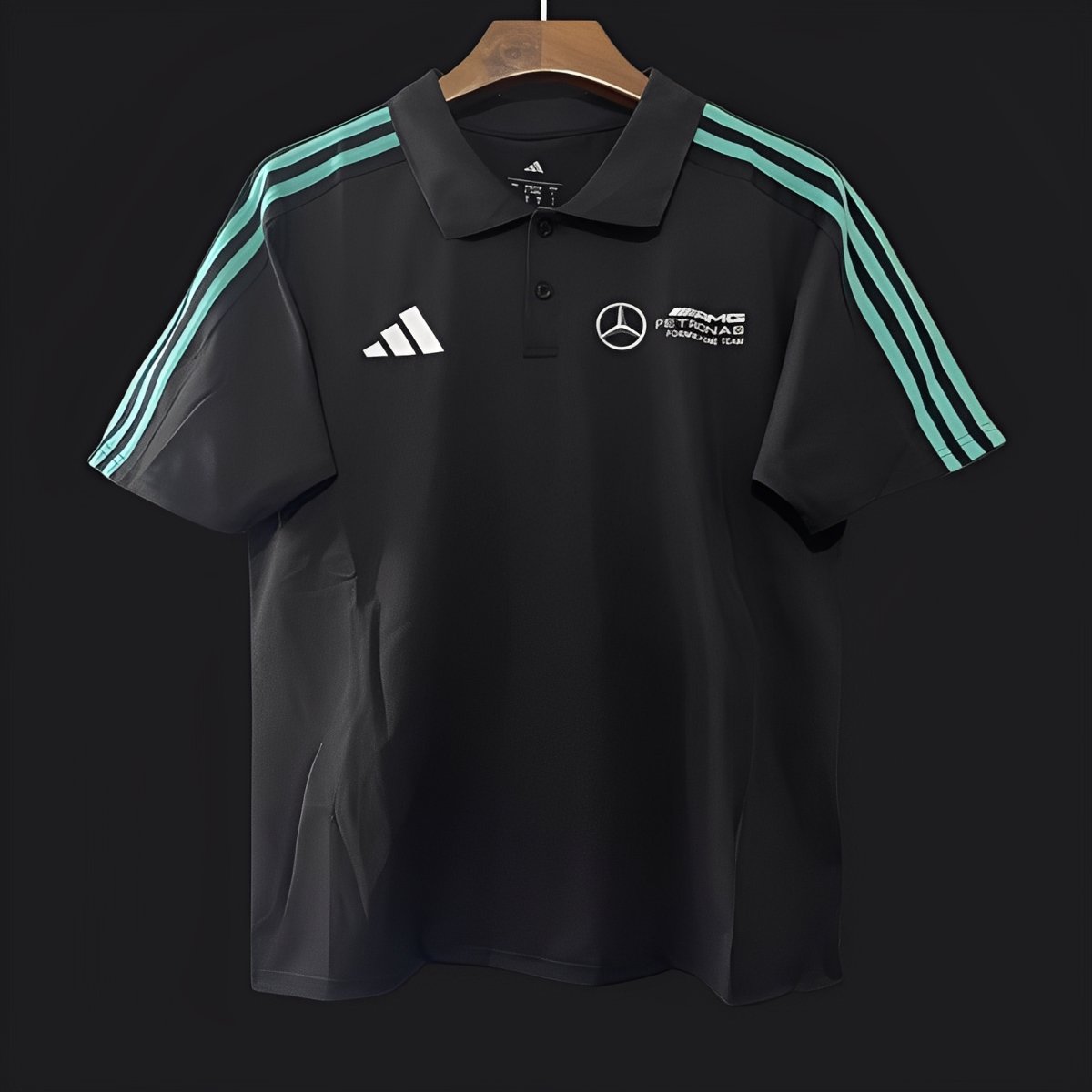 2025 F1 Mercedes-AMG Petronas Formula One Team Black with Turquoise Three Stripes Polo Shirt