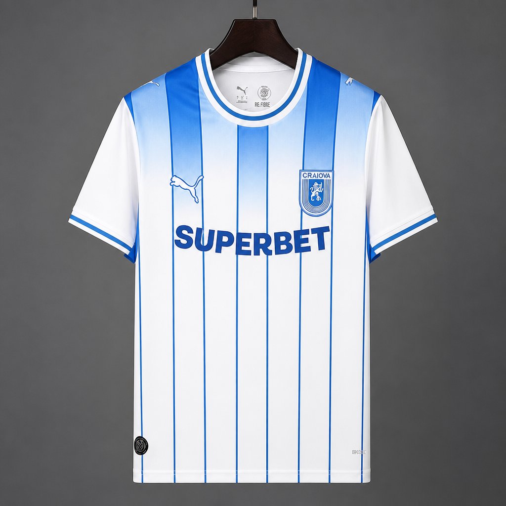 26/27 Universitatea Craiova White & Blue Stripes Home Jersey
